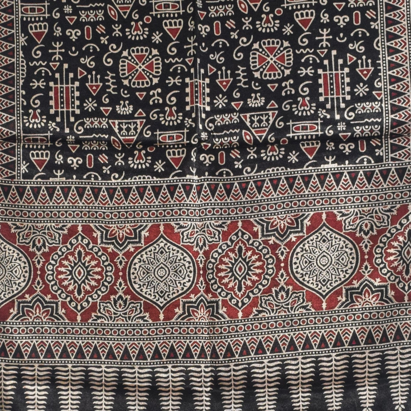 Ajrakh Mashru Silk Natural Dye Two Colour Kam Screen Hand Printed Stole  - 2.1 Mtr Length   -  SKU : JH27701D