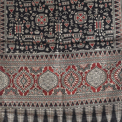 Ajrakh Mashru Silk Natural Dye Two Colour Kam Screen Hand Printed Stole  - 2.1 Mtr Length   -  SKU : JH27701D