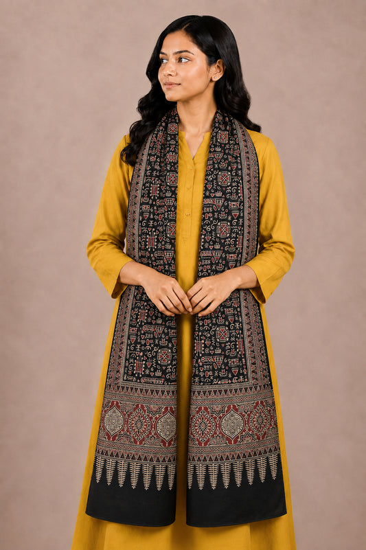 Ajrakh Mashru Silk Natural Dye Two Colour Kam Screen Hand Printed Stole  - 2.1 Mtr Length   -  SKU : JH27701D
