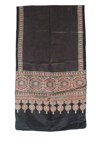 Ajrakh Mashru Silk Natural Dye Two Colour Kam Screen Hand Printed Stole  - 2.1 Mtr Length   -  SKU : JH27701F