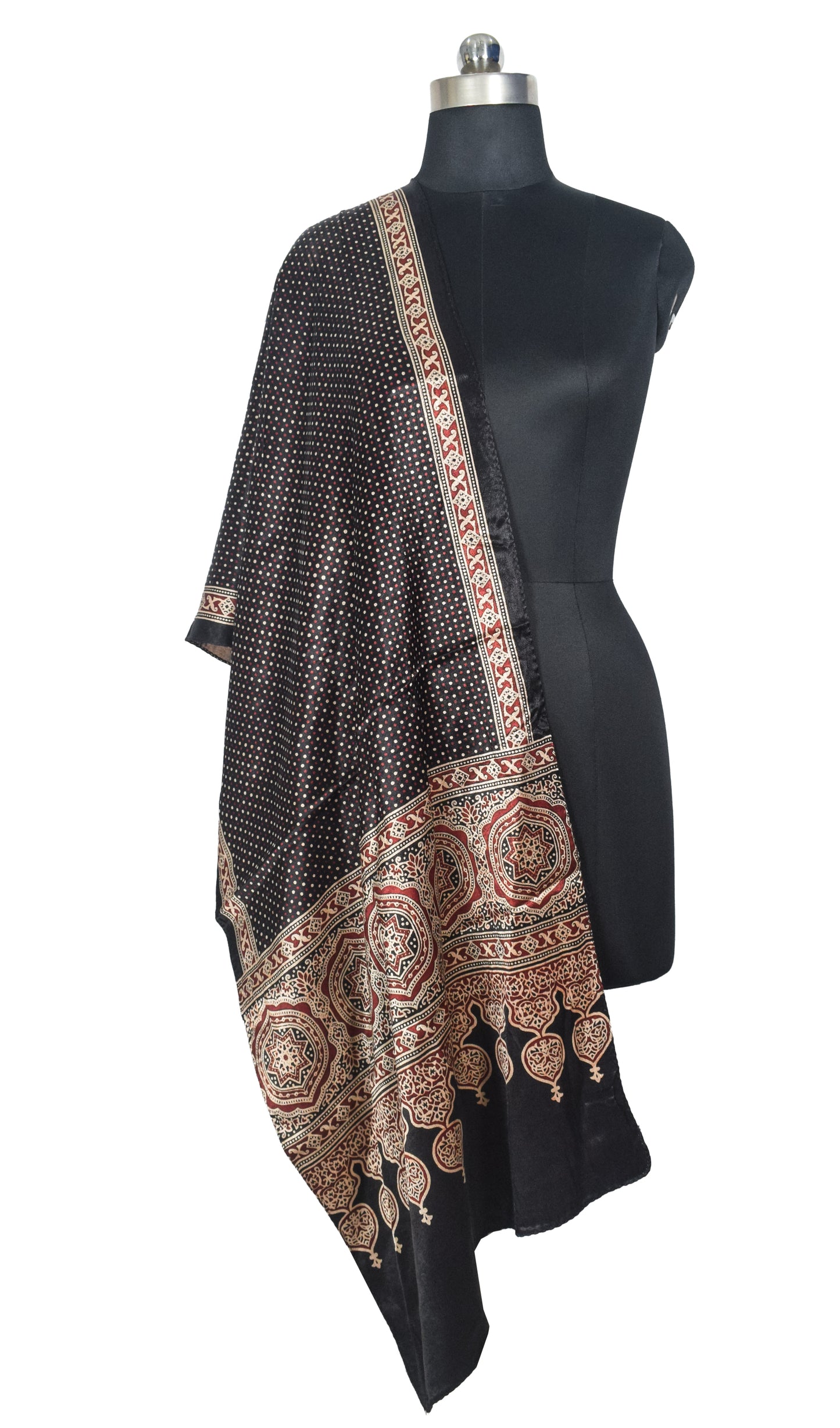 Ajrakh Mashru Silk Natural Dye Two Colour Kam Screen Hand Printed Stole  - 2.1 Mtr Length   -  SKU : JH27701F