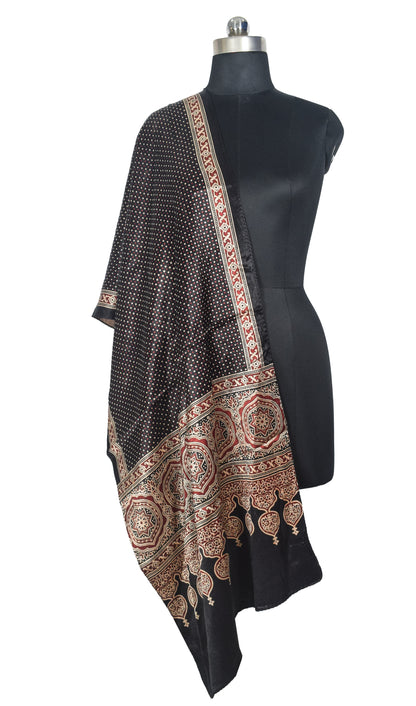 Ajrakh Mashru Silk Natural Dye Two Colour Kam Screen Hand Printed Stole  - 2.1 Mtr Length   -  SKU : JH27701F