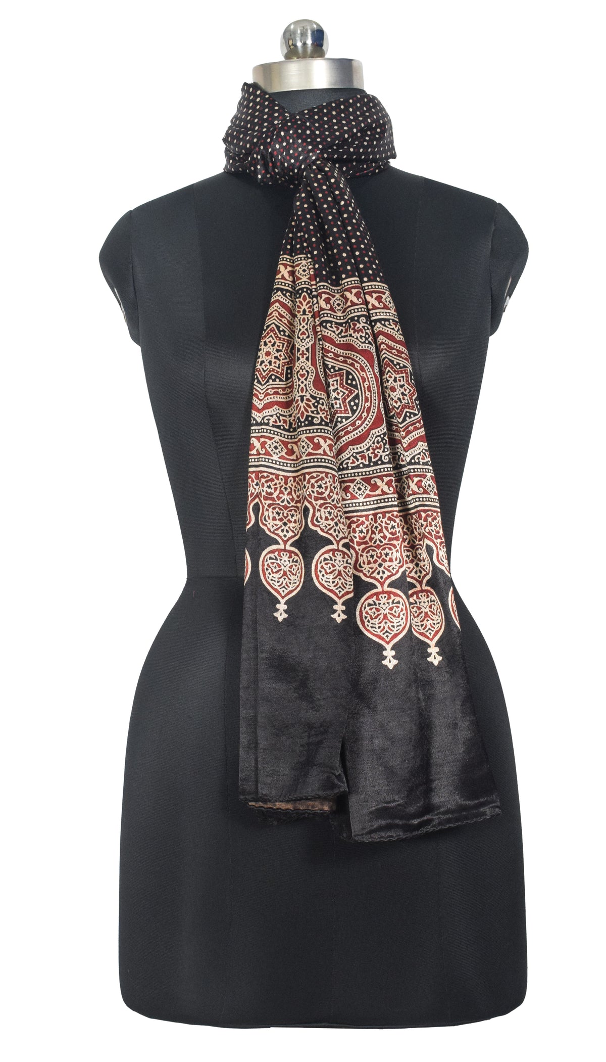 Ajrakh Mashru Silk Natural Dye Two Colour Kam Screen Hand Printed Stole  - 2.1 Mtr Length   -  SKU : JH27701F
