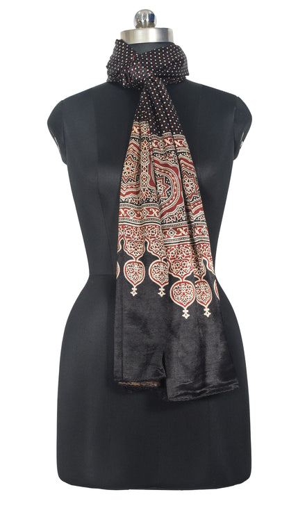 Ajrakh Mashru Silk Natural Dye Two Colour Kam Screen Hand Printed Stole  - 2.1 Mtr Length   -  SKU : JH27701F