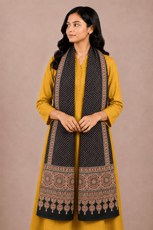 Ajrakh Mashru Silk Natural Dye Two Colour Kam Screen Hand Printed Stole  - 2.1 Mtr Length   -  SKU : JH27701F