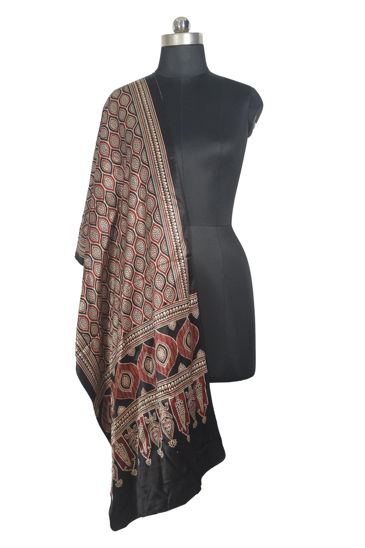 Ajrakh Mashru Silk Natural Dye Two Colour Kam Screen Hand Printed Stole  - 2.1 Mtr Length   -  SKU : JH27701H
