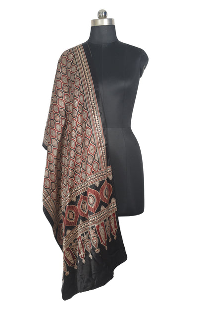 Ajrakh Mashru Silk Natural Dye Two Colour Kam Screen Hand Printed Stole  - 2.1 Mtr Length   -  SKU : JH27701H
