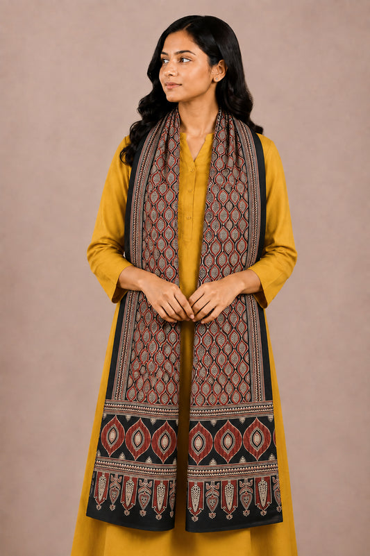 Ajrakh Mashru Silk Natural Dye Two Colour Kam Screen Hand Printed Stole  - 2.1 Mtr Length   -  SKU : JH27701H