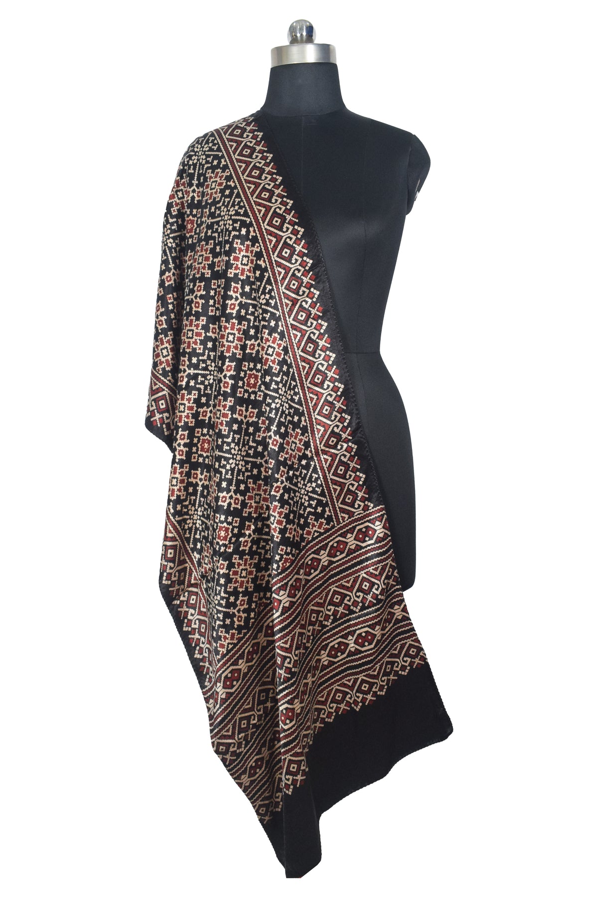 Ajrakh Mashru Silk Natural Dye Two Colour Kam Screen Hand Printed Stole  - 2.1 Mtr Length   -  SKU : JH27701J