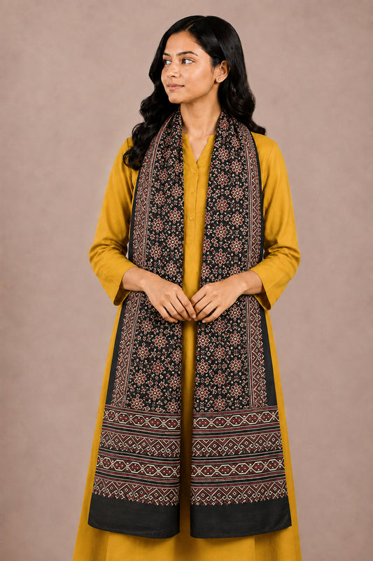 Ajrakh Mashru Silk Natural Dye Two Colour Kam Screen Hand Printed Stole  - 2.1 Mtr Length   -  SKU : JH27701J