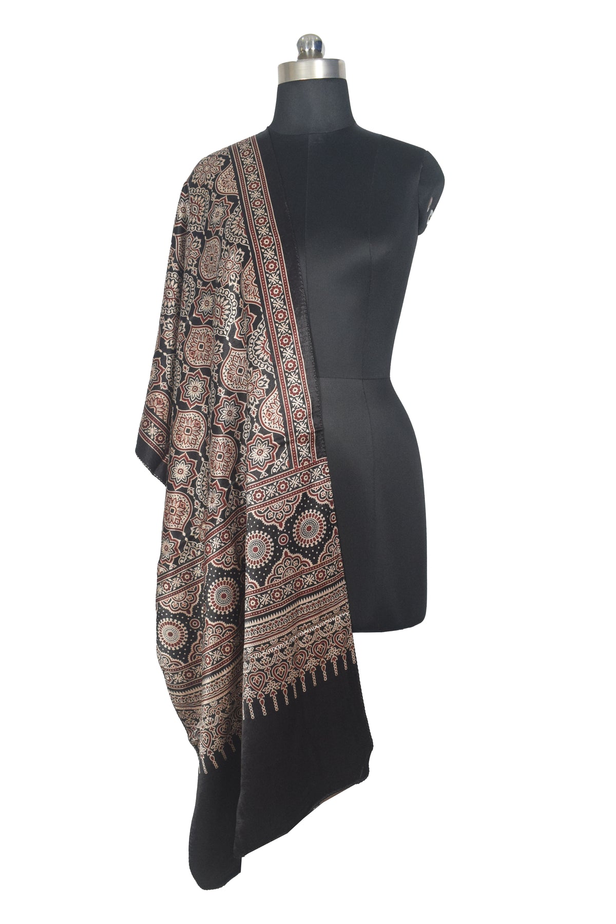 Ajrakh Mashru Silk Natural Dye Two Colour Kam Screen Hand Printed Stole  - 2.1 Mtr Length   -  SKU : JH27701L