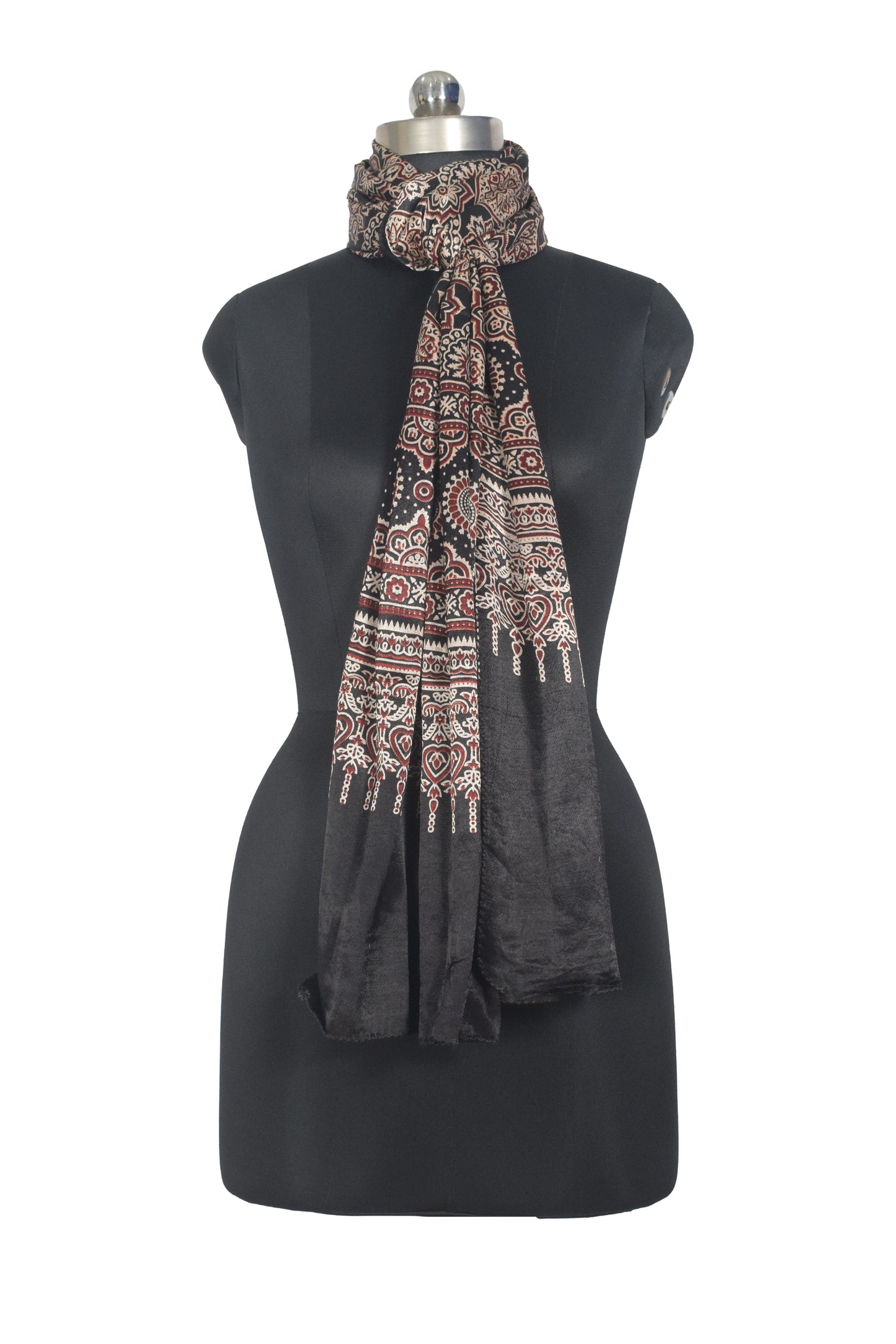 Ajrakh Mashru Silk Natural Dye Two Colour Kam Screen Hand Printed Stole  - 2.1 Mtr Length   -  SKU : JH27701L