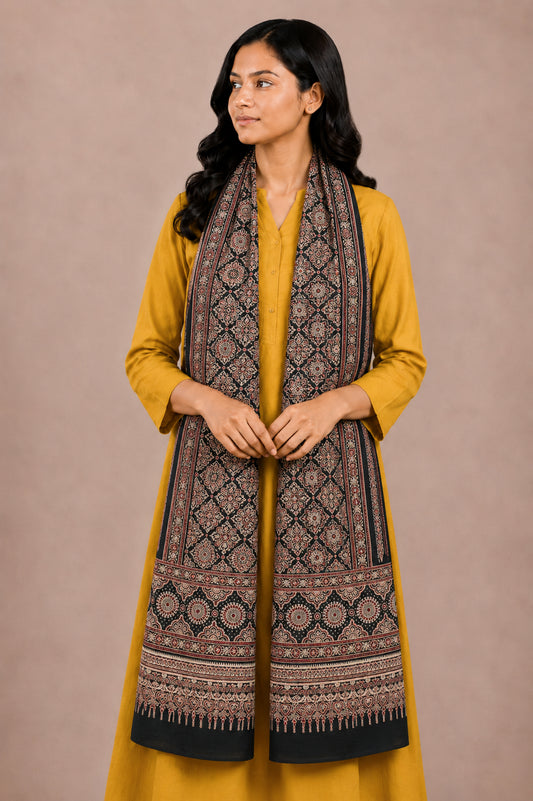 Ajrakh Mashru Silk Natural Dye Two Colour Kam Screen Hand Printed Stole  - 2.1 Mtr Length   -  SKU : JH27701L