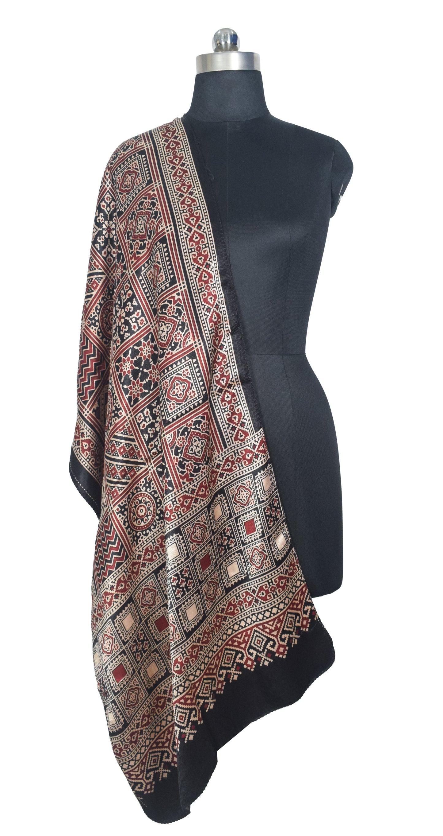 Ajrakh Mashru Silk Natural Dye Two Colour Kam Screen Hand Printed Stole  - 2.1 Mtr Length   -  SKU : JH27701N