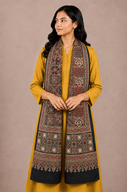 Ajrakh Mashru Silk Natural Dye Two Colour Kam Screen Hand Printed Stole  - 2.1 Mtr Length   -  SKU : JH27701N