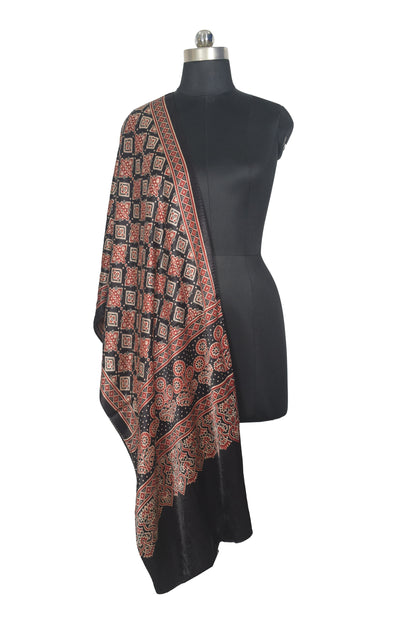 Ajrakh Mashru Silk Natural Dye Two Colour Kam Screen Hand Printed Stole  - 2.1 Mtr Length   -  SKU : JH28701B