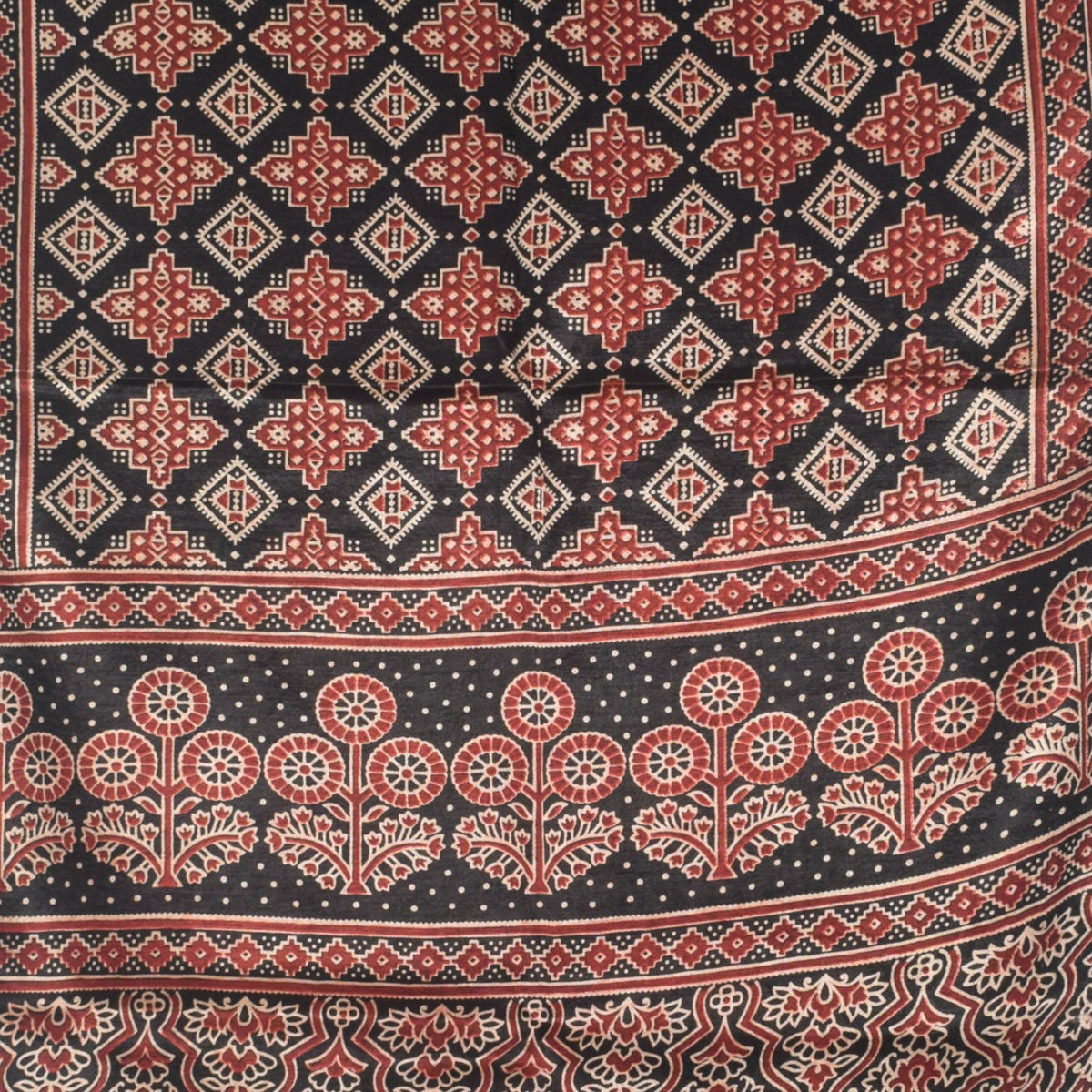 Ajrakh Mashru Silk Natural Dye Two Colour Kam Screen Hand Printed Stole  - 2.1 Mtr Length   -  SKU : JH28701B