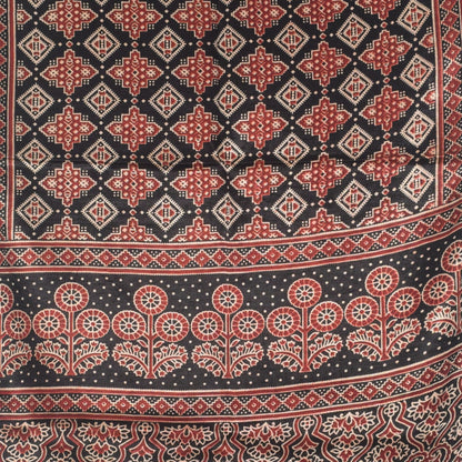 Ajrakh Mashru Silk Natural Dye Two Colour Kam Screen Hand Printed Stole  - 2.1 Mtr Length   -  SKU : JH28701B