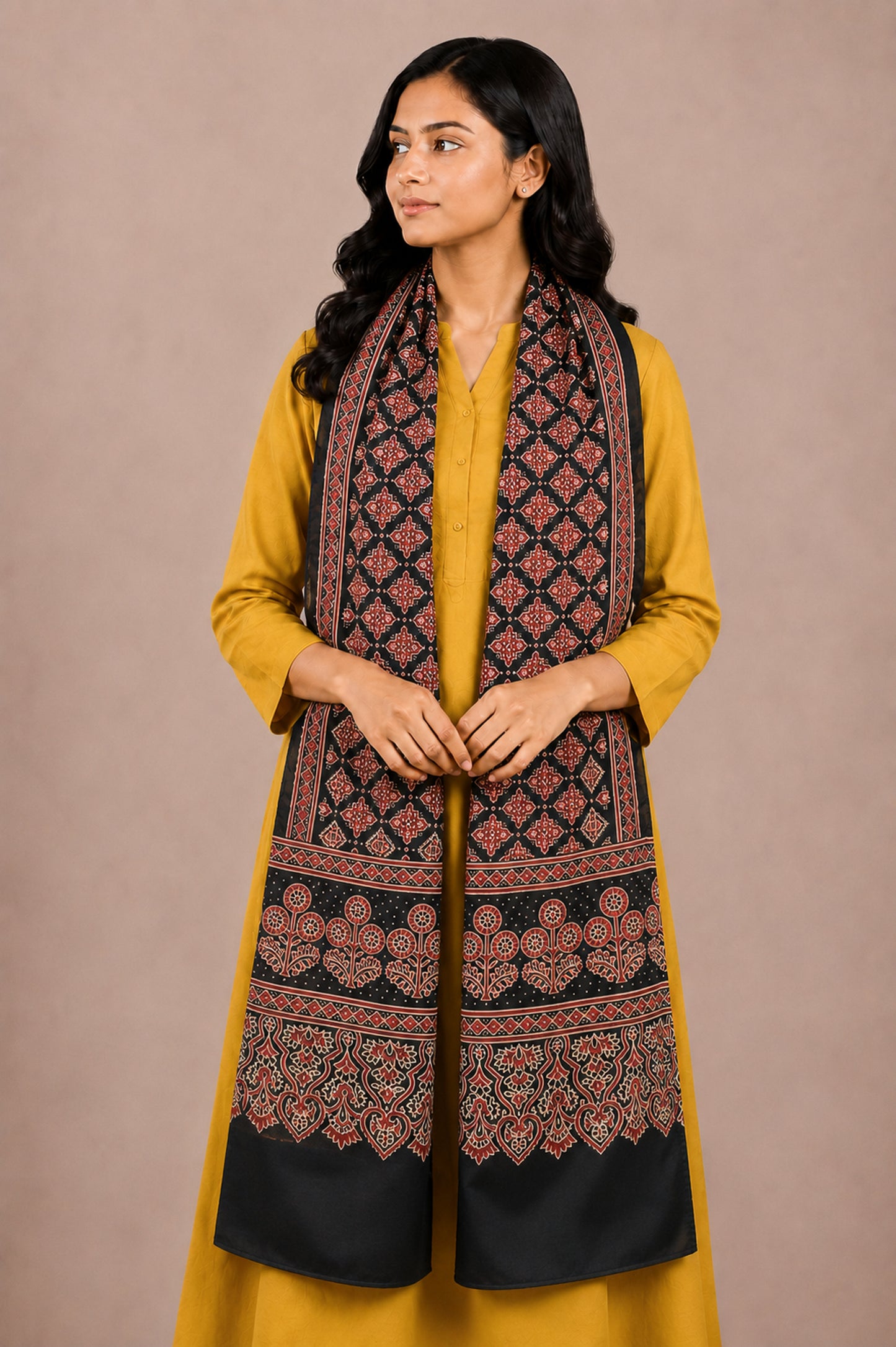 Ajrakh Mashru Silk Natural Dye Two Colour Kam Screen Hand Printed Stole  - 2.1 Mtr Length   -  SKU : JH28701B