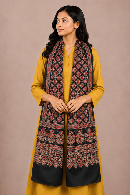 Ajrakh Mashru Silk Natural Dye Two Colour Kam Screen Hand Printed Stole  - 2.1 Mtr Length   -  SKU : JH28701B