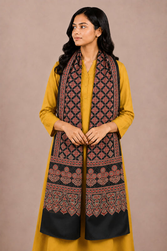Ajrakh Mashru Silk Natural Dye Two Colour Kam Screen Hand Printed Stole  - 2.1 Mtr Length   -  SKU : JH28701B
