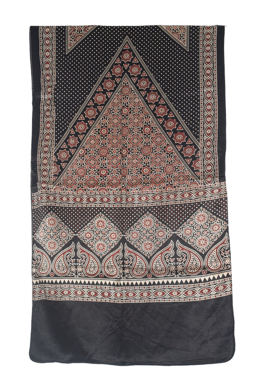 Ajrakh Mashru Silk Natural Dye Two Colour Kam Screen Hand Printed Stole  - 2.1 Mtr Length   -  SKU : JH28701D