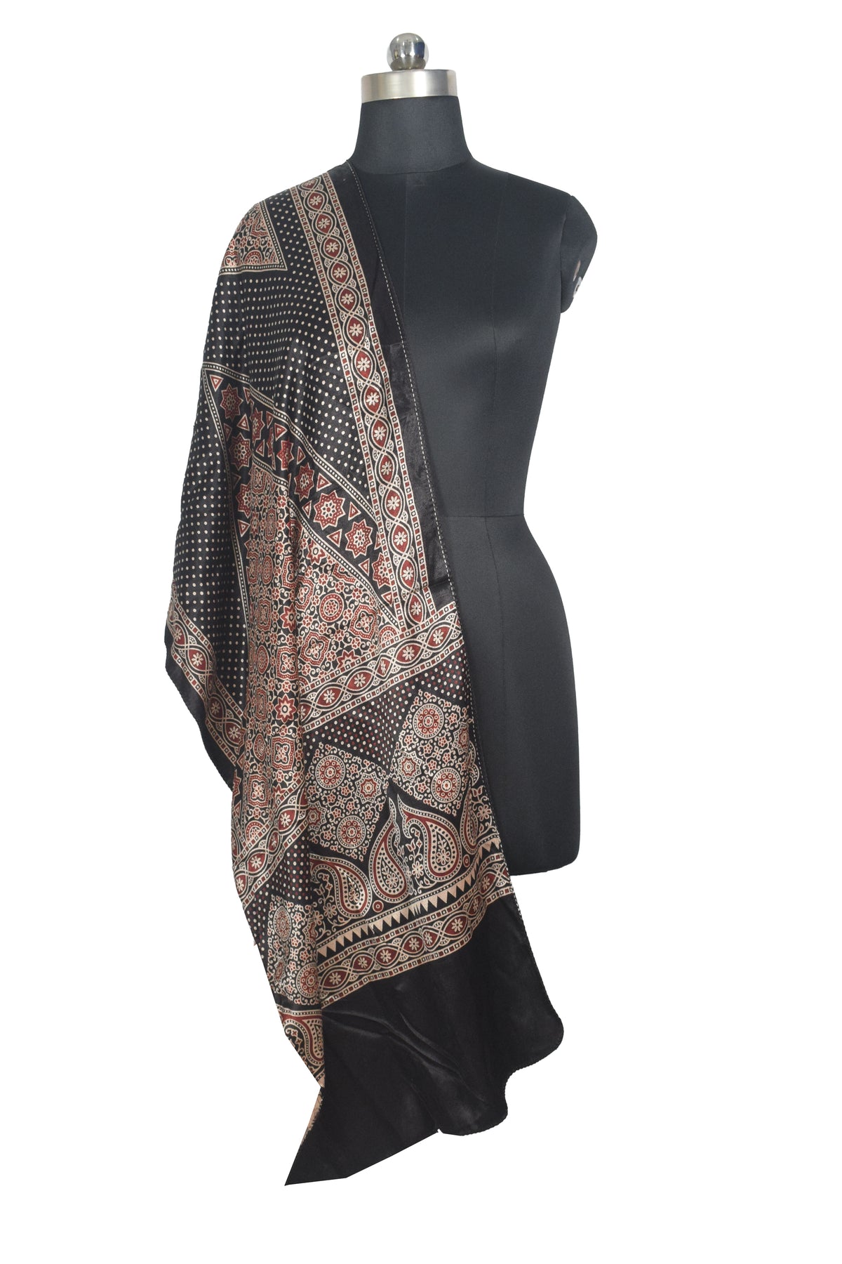 Ajrakh Mashru Silk Natural Dye Two Colour Kam Screen Hand Printed Stole  - 2.1 Mtr Length   -  SKU : JH28701D