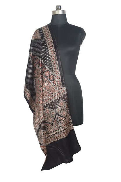 Ajrakh Mashru Silk Natural Dye Two Colour Kam Screen Hand Printed Stole  - 2.1 Mtr Length   -  SKU : JH28701D