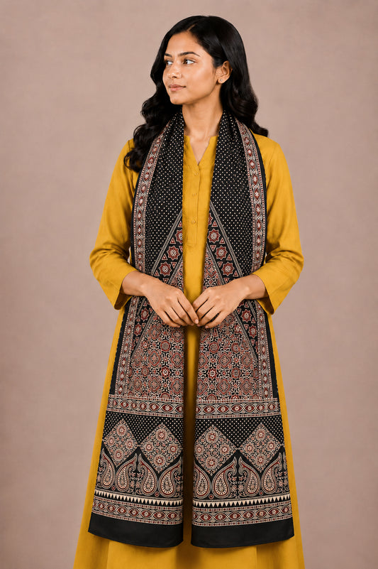 Ajrakh Mashru Silk Natural Dye Two Colour Kam Screen Hand Printed Stole  - 2.1 Mtr Length   -  SKU : JH28701D