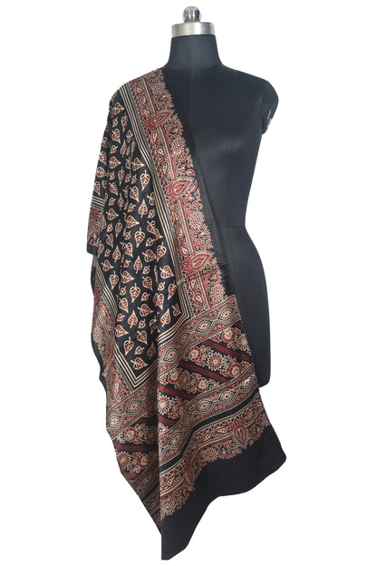 Ajrakh Mashru Silk Natural Dye Two Colour Kam Screen Hand Printed Stole  - 2.1 Mtr Length   -  SKU : JH28701F