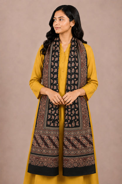Ajrakh Mashru Silk Natural Dye Two Colour Kam Screen Hand Printed Stole  - 2.1 Mtr Length   -  SKU : JH28701F