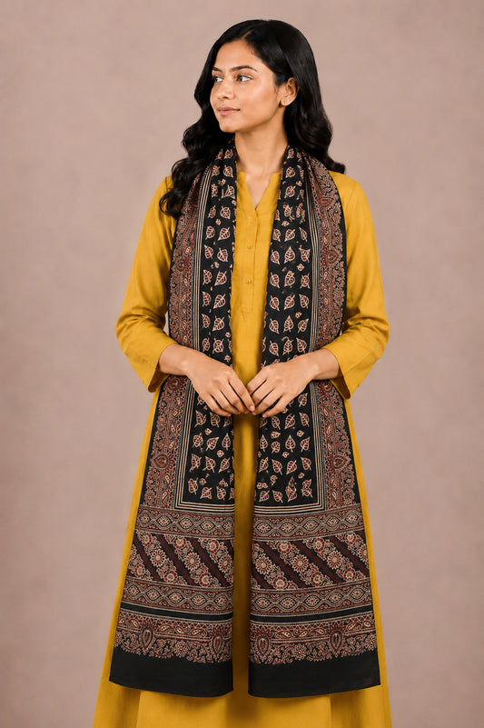 Ajrakh Mashru Silk Natural Dye Two Colour Kam Screen Hand Printed Stole  - 2.1 Mtr Length   -  SKU : JH28701F