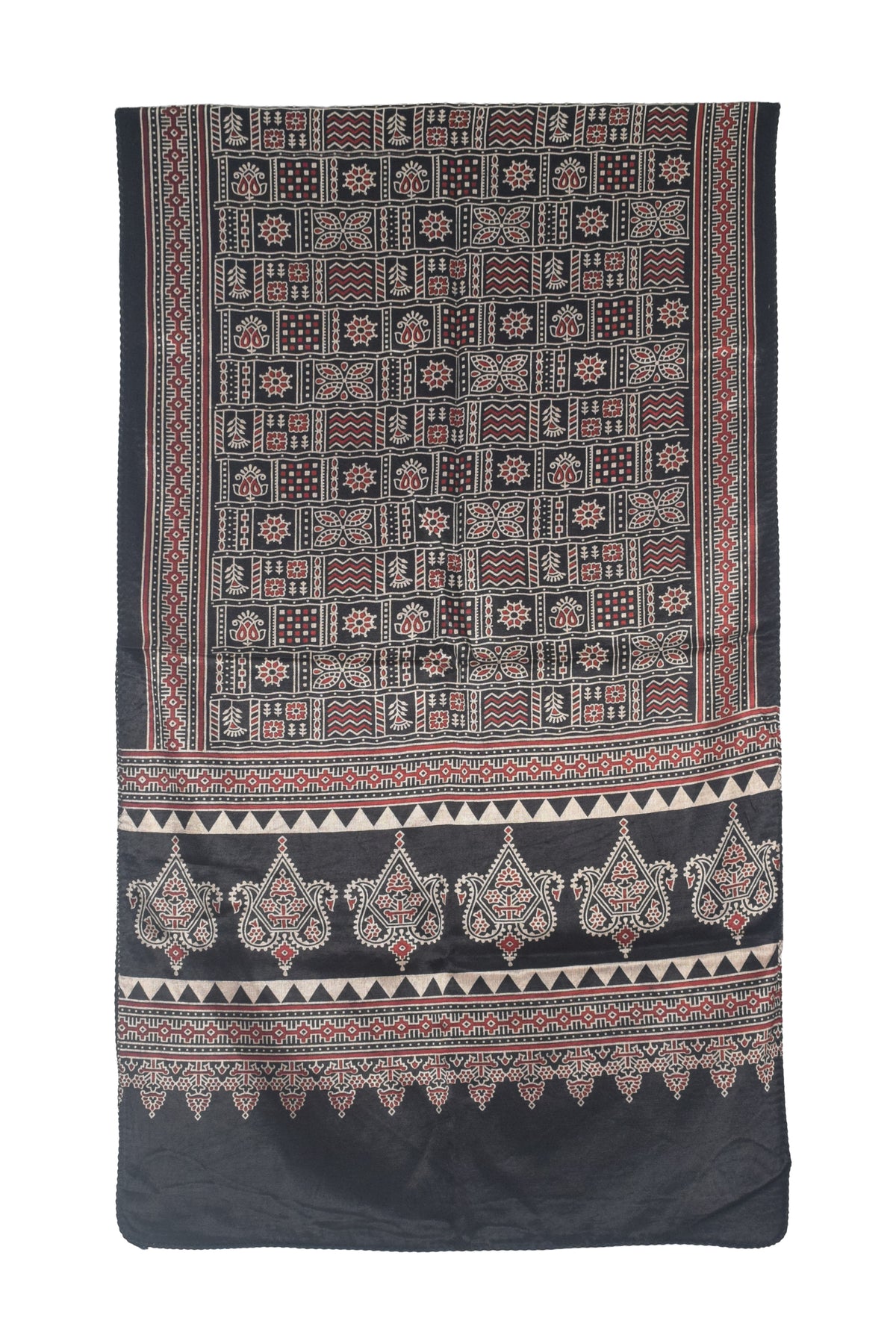 Ajrakh Mashru Silk Natural Dye Two Colour Kam Screen Hand Printed Stole  - 2.1 Mtr Length   -  SKU : JH28701H