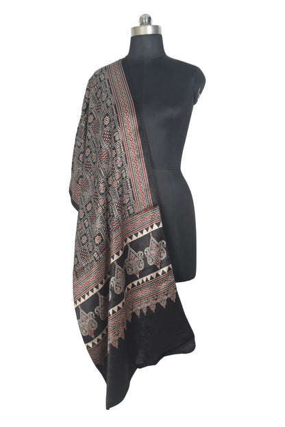 Ajrakh Mashru Silk Natural Dye Two Colour Kam Screen Hand Printed Stole  - 2.1 Mtr Length   -  SKU : JH28701H