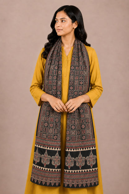 Ajrakh Mashru Silk Natural Dye Two Colour Kam Screen Hand Printed Stole  - 2.1 Mtr Length   -  SKU : JH28701H