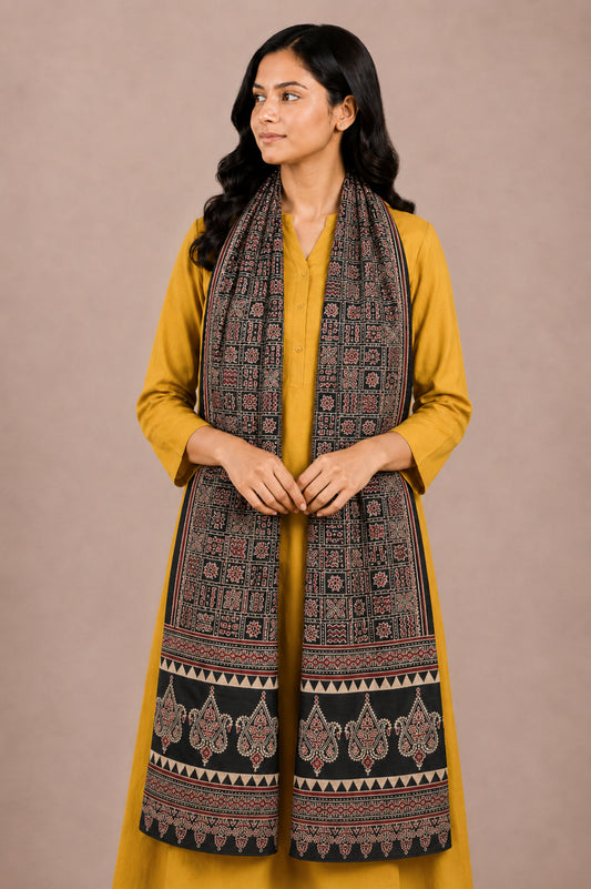 Ajrakh Mashru Silk Natural Dye Two Colour Kam Screen Hand Printed Stole  - 2.1 Mtr Length   -  SKU : JH28701H