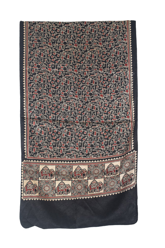Ajrakh Mashru Silk Natural Dye Two Colour Kam Screen Hand Printed Stole  - 2.1 Mtr Length   -  SKU : JH28701J