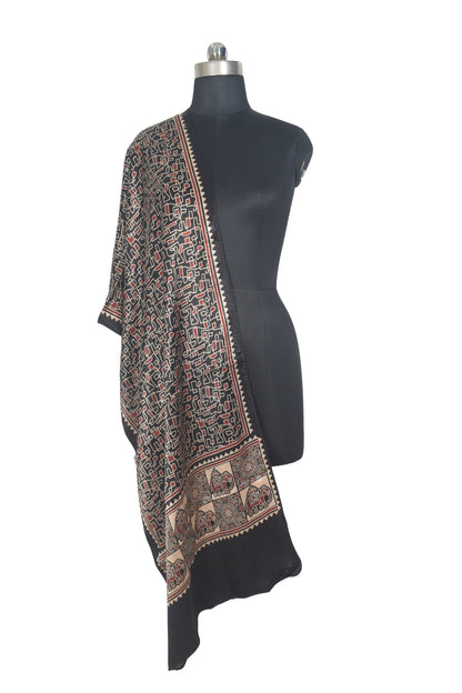 Ajrakh Mashru Silk Natural Dye Two Colour Kam Screen Hand Printed Stole  - 2.1 Mtr Length   -  SKU : JH28701J