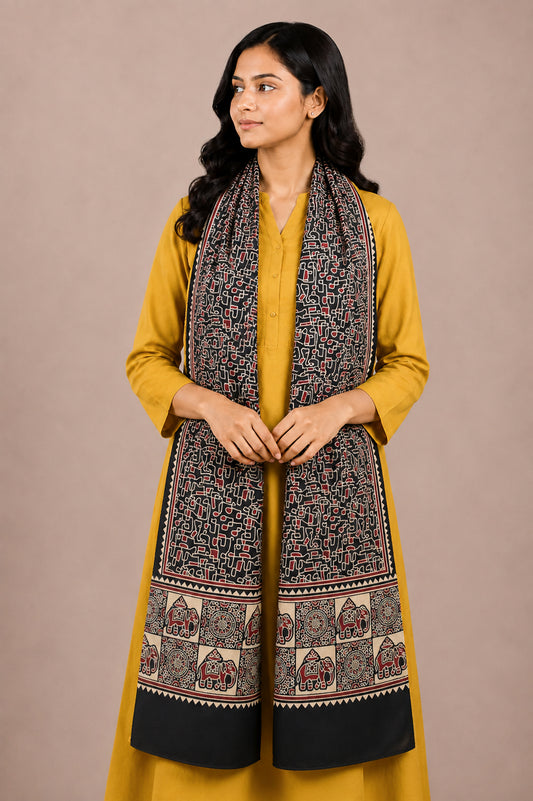 Ajrakh Mashru Silk Natural Dye Two Colour Kam Screen Hand Printed Stole  - 2.1 Mtr Length   -  SKU : JH28701J