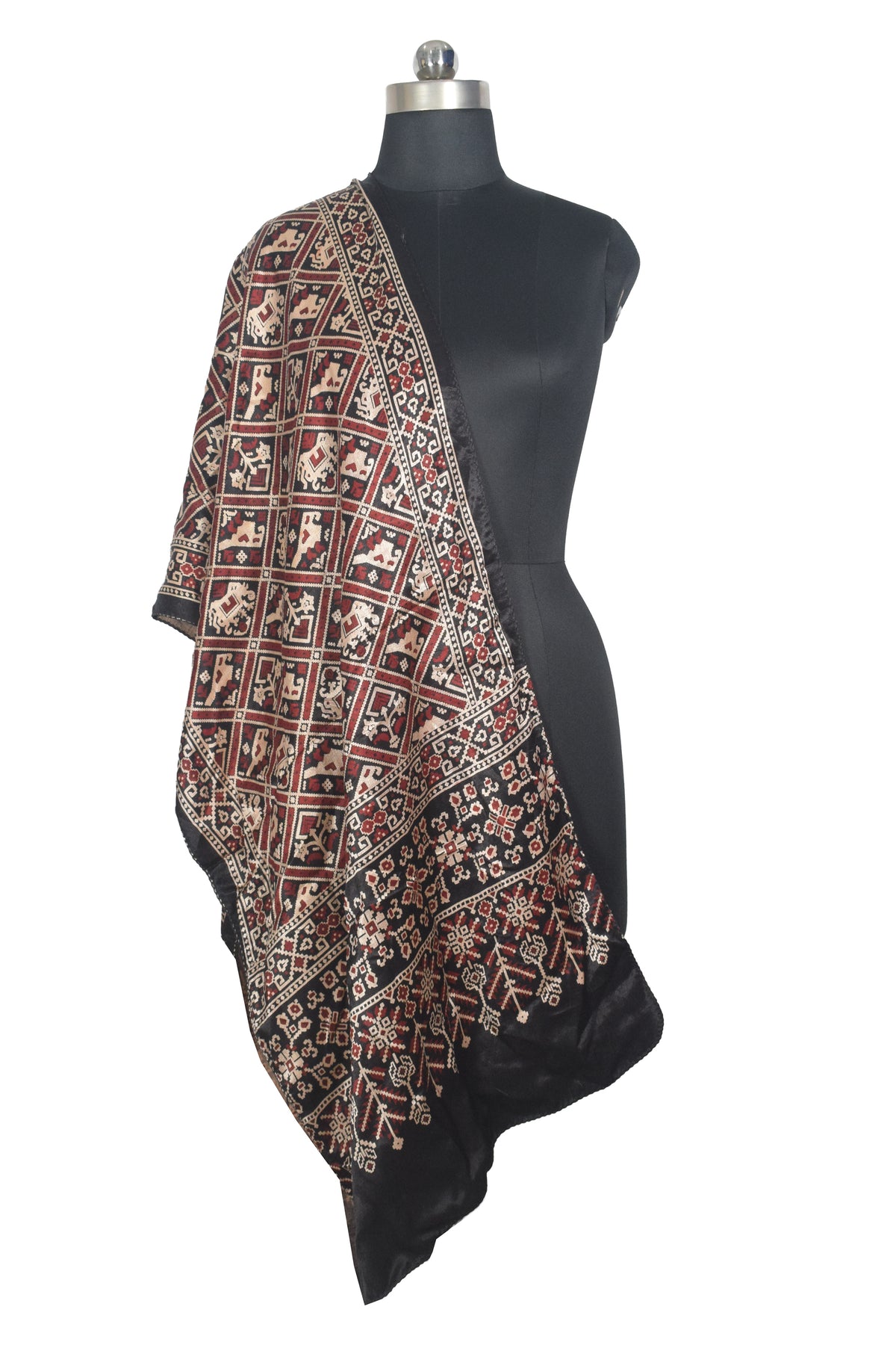 Ajrakh Mashru Silk Natural Dye Two Colour Kam Screen Hand Printed Stole  - 2.1 Mtr Length   -  SKU : JH28701L