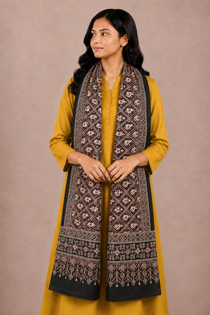 Ajrakh Mashru Silk Natural Dye Two Colour Kam Screen Hand Printed Stole  - 2.1 Mtr Length   -  SKU : JH28701L