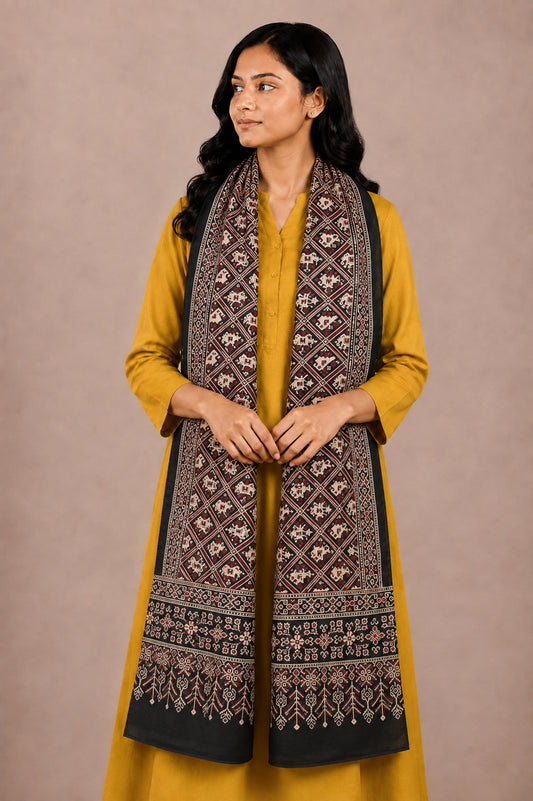 Ajrakh Mashru Silk Natural Dye Two Colour Kam Screen Hand Printed Stole  - 2.1 Mtr Length   -  SKU : JH28701L