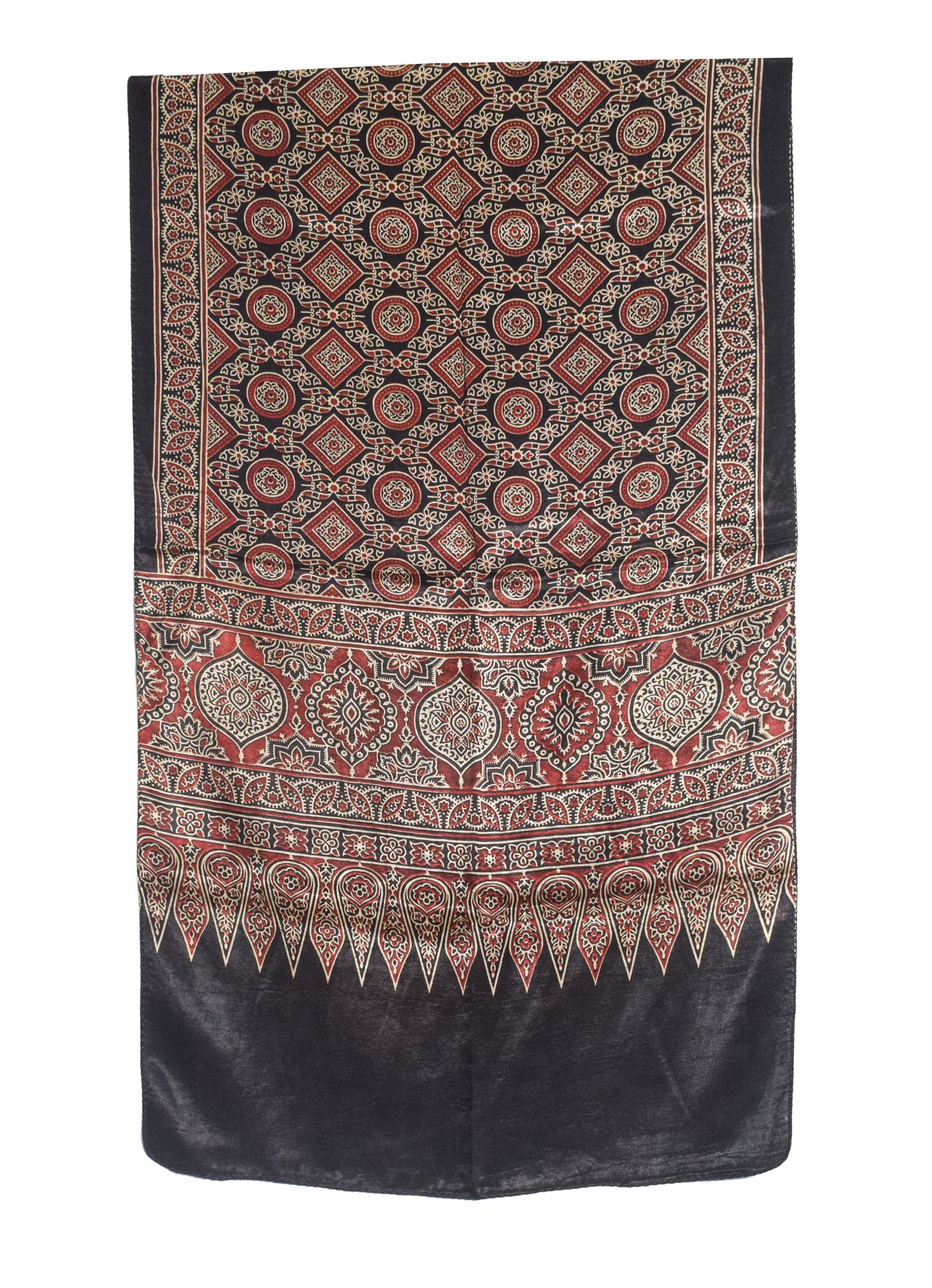 Ajrakh Mashru Silk Natural Dye Two Colour Kam Screen Hand Printed Stole  - 2.1 Mtr Length   -  SKU : JH28701N