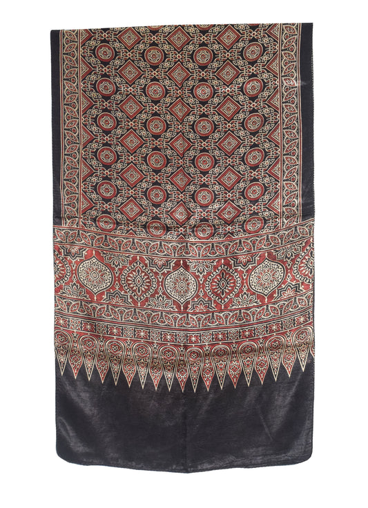 Ajrakh Mashru Silk Natural Dye Two Colour Kam Screen Hand Printed Stole  - 2.1 Mtr Length   -  SKU : JH28701N