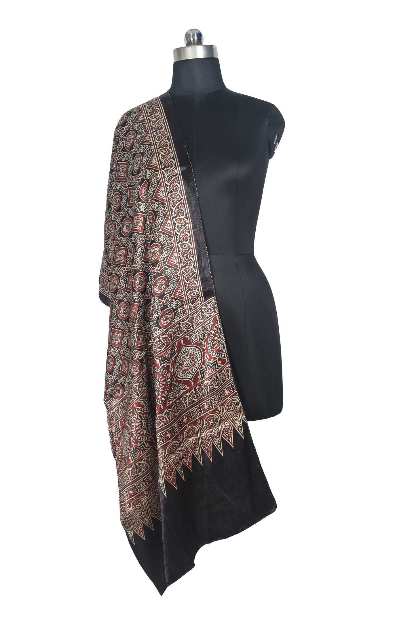 Ajrakh Mashru Silk Natural Dye Two Colour Kam Screen Hand Printed Stole  - 2.1 Mtr Length   -  SKU : JH28701N