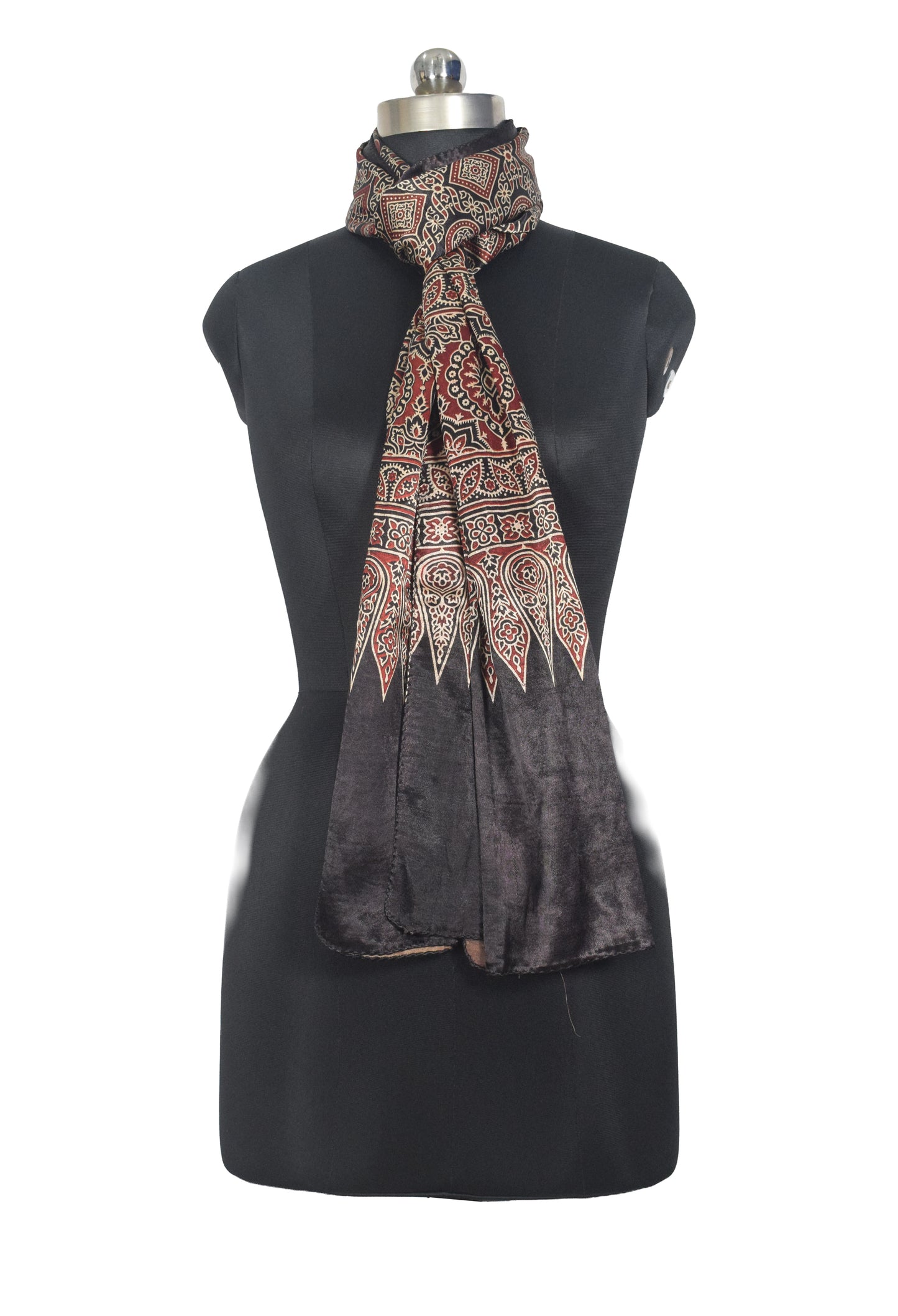 Ajrakh Mashru Silk Natural Dye Two Colour Kam Screen Hand Printed Stole  - 2.1 Mtr Length   -  SKU : JH28701N