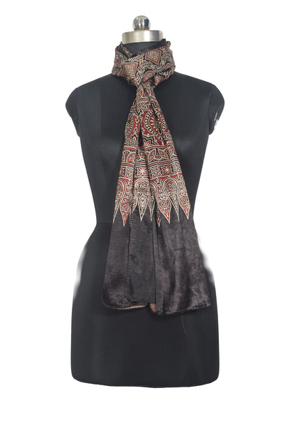 Ajrakh Mashru Silk Natural Dye Two Colour Kam Screen Hand Printed Stole  - 2.1 Mtr Length   -  SKU : JH28701N