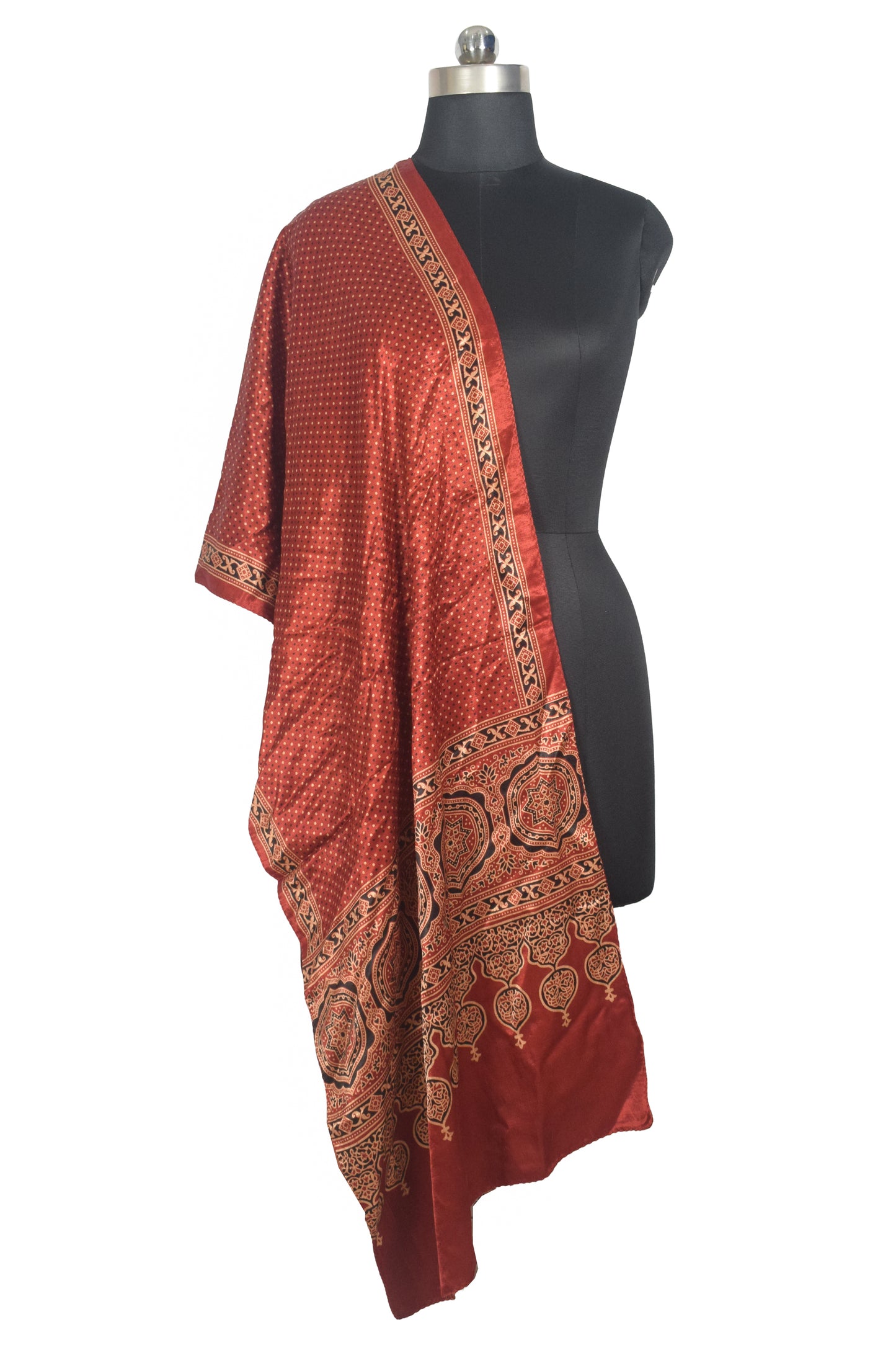 Ajrakh Mashru Silk Natural Dye Two Colour Kam Screen Hand Printed Stole  - 2.1 Mtr Length   -  SKU : JH27701A