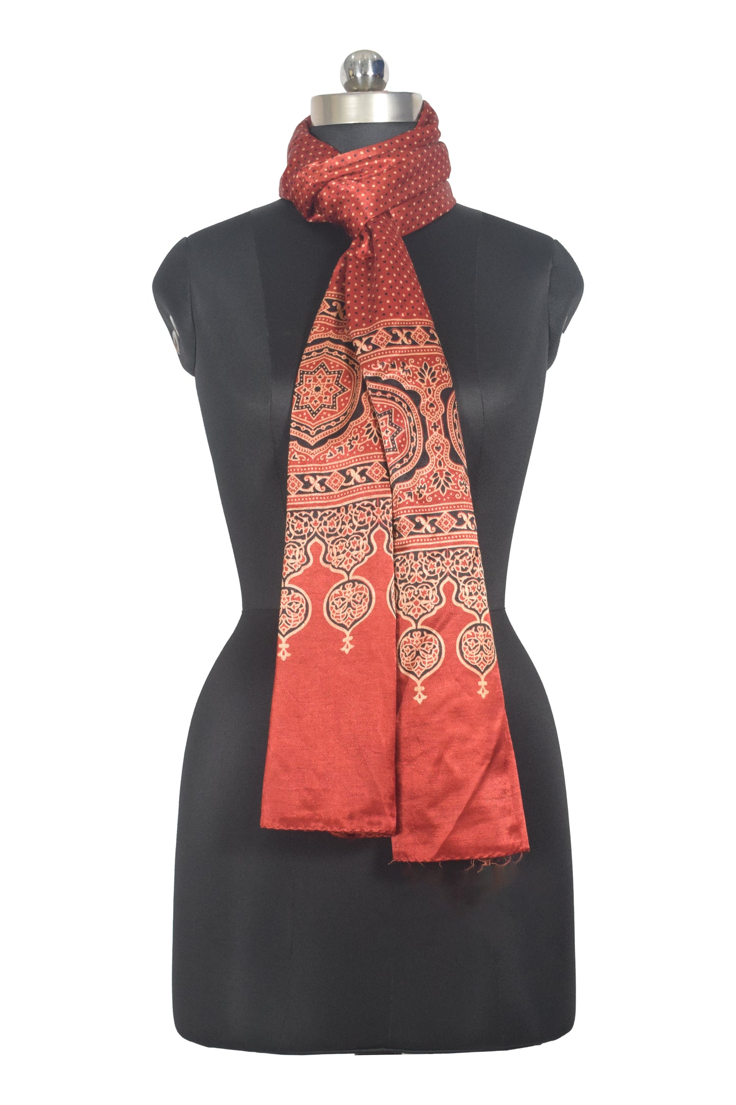 Ajrakh Mashru Silk Natural Dye Two Colour Kam Screen Hand Printed Stole  - 2.1 Mtr Length   -  SKU : JH27701A