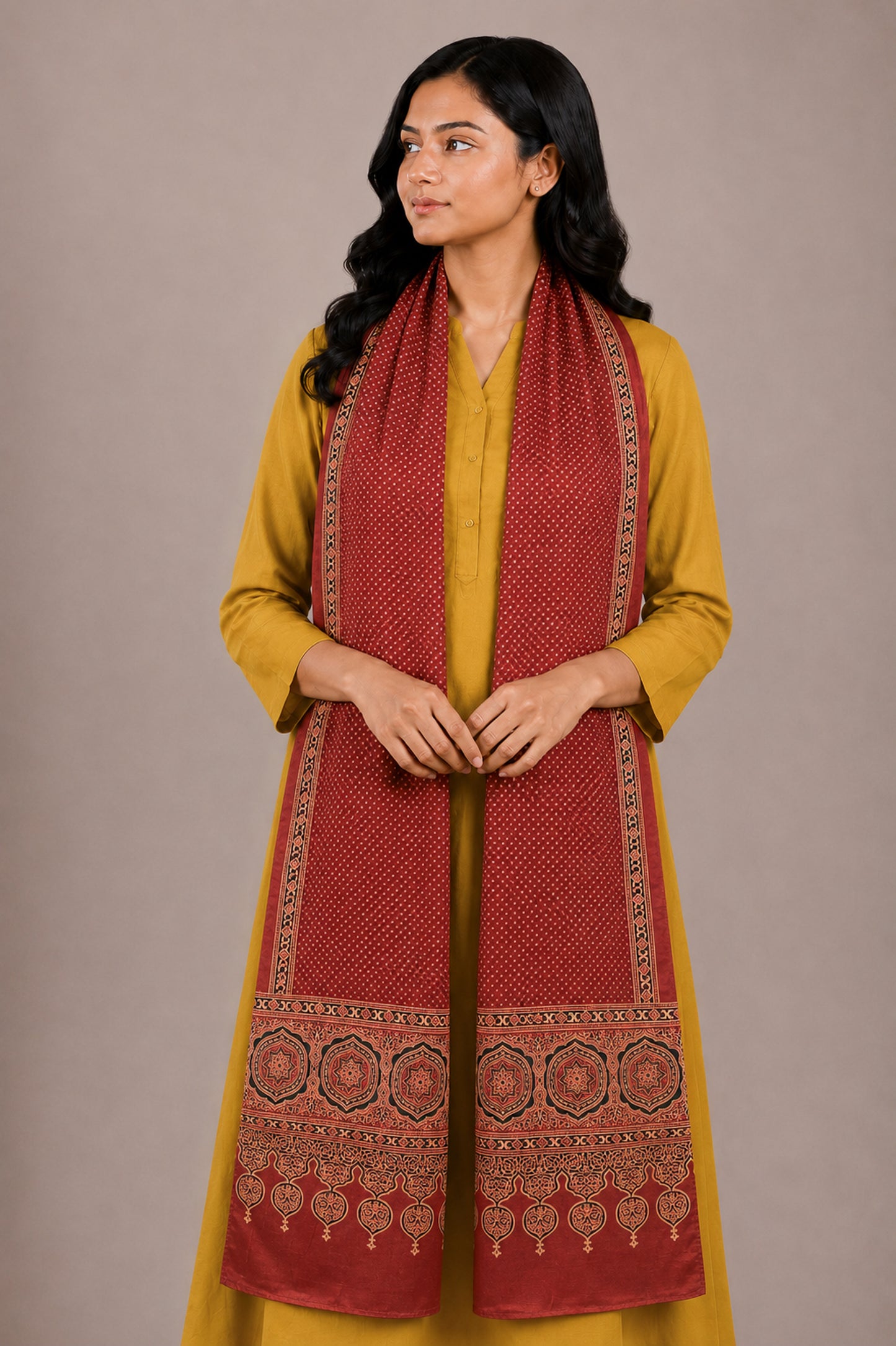 Ajrakh Mashru Silk Natural Dye Two Colour Kam Screen Hand Printed Stole  - 2.1 Mtr Length   -  SKU : JH27701A